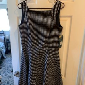 Navy and white polka dot dress
